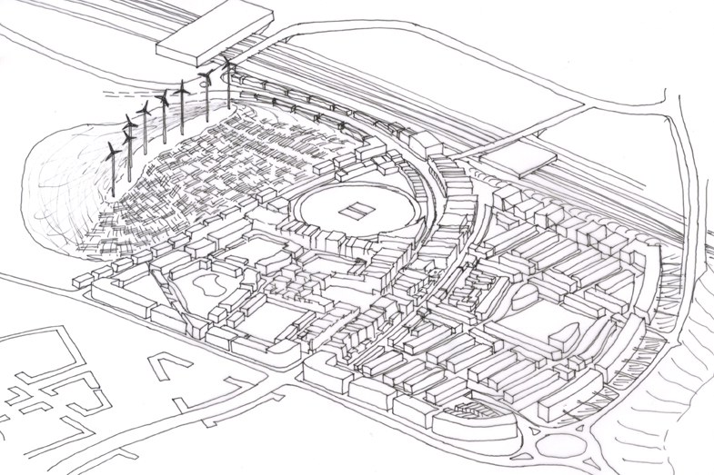 Bird's eye view of proposed masterplan and links to existing masterplan and Eurostar station