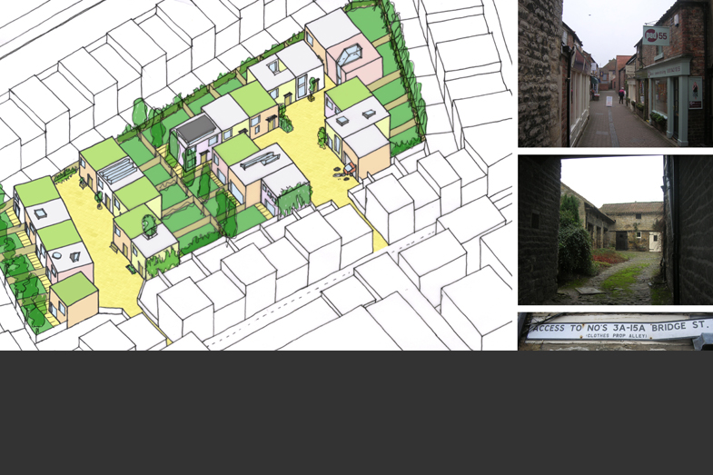 Bird's eye view of proposed creative quarter located behind High Street, with precedents from North Yorkshire