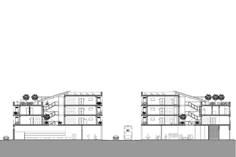 Section through proposed High Street with 'unit 3' (left) and 'unit 2' versions of the proposed building type