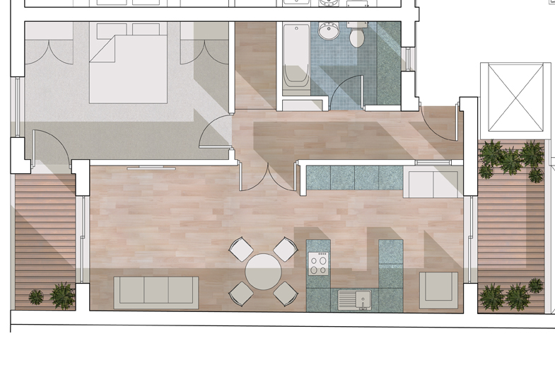 Rendered floor plan of typical 1 bedroom apartment from 'unit 2'