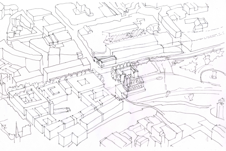Massing sketch of west end of site including projects by Declan O'Donnell, Nic Drew, Richard Holman, John Brown, Dan Jones, Sam Rabin, Peter Janik, Tim Forster and Ian Parkes