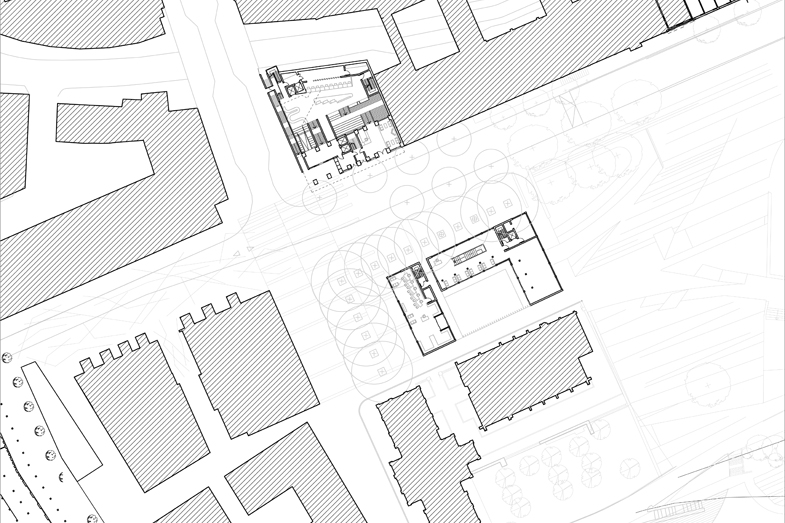 Entry level plan of proposed buildings – Post Office (upper) and Caravanserai (lower)